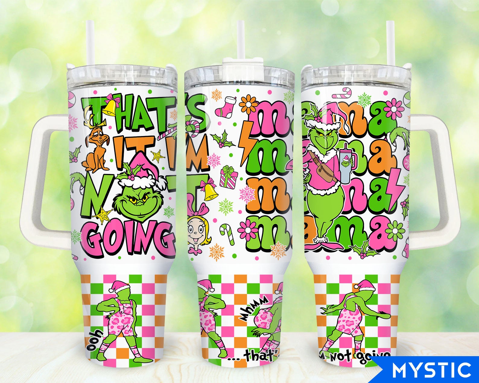 Festive Grinch-Themed Holiday Tumbler with Straw and Handle