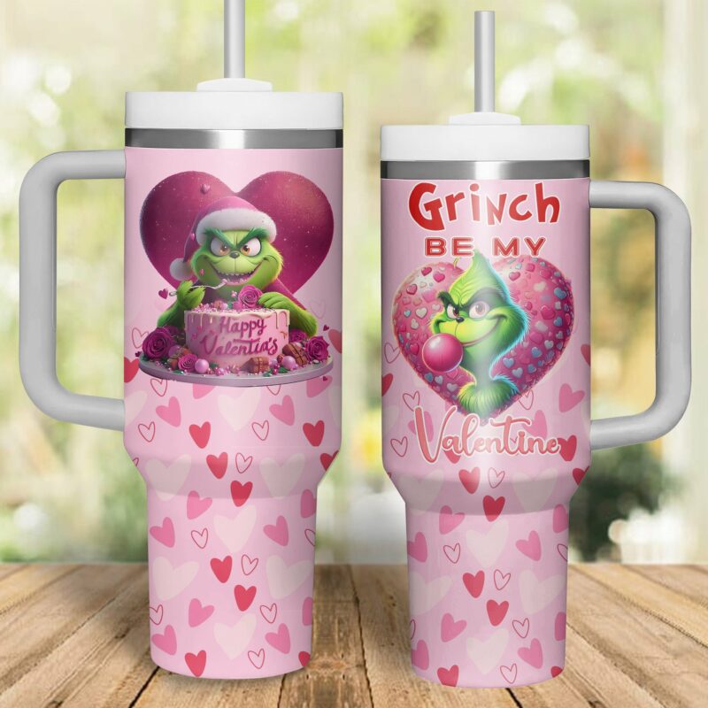 The Grinch Movies Valentine Custom Stanley Quencher 40oz Stainless Steel Tumbler With Handle - Threewoofs
