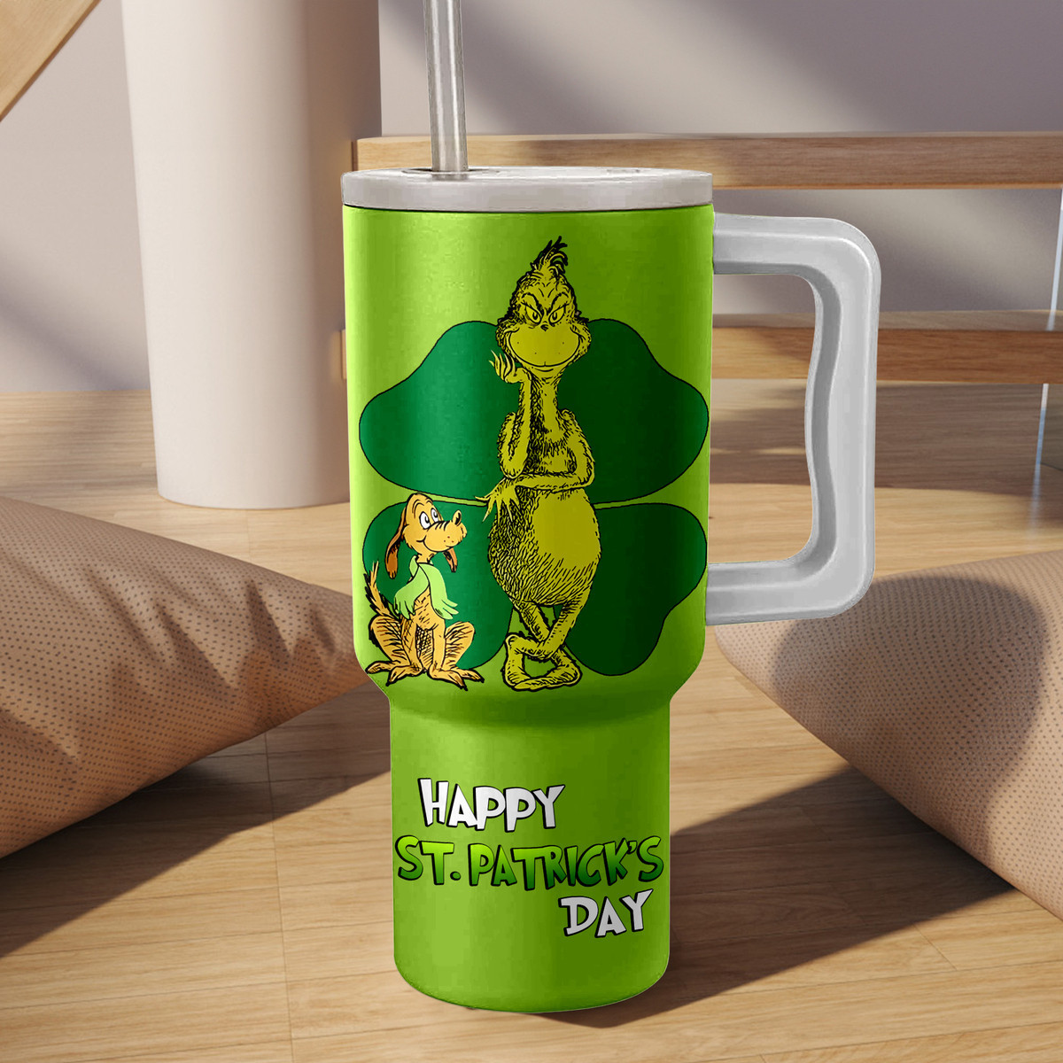 Festive Grinch St. Patrick's Day Tumbler - Insulated Stainless Steel Mug with Handle - Image 3