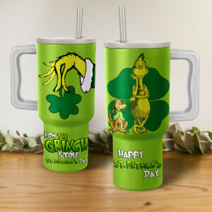 Festive Grinch St. Patrick's Day Tumbler - Insulated Stainless Steel Mug with Handle