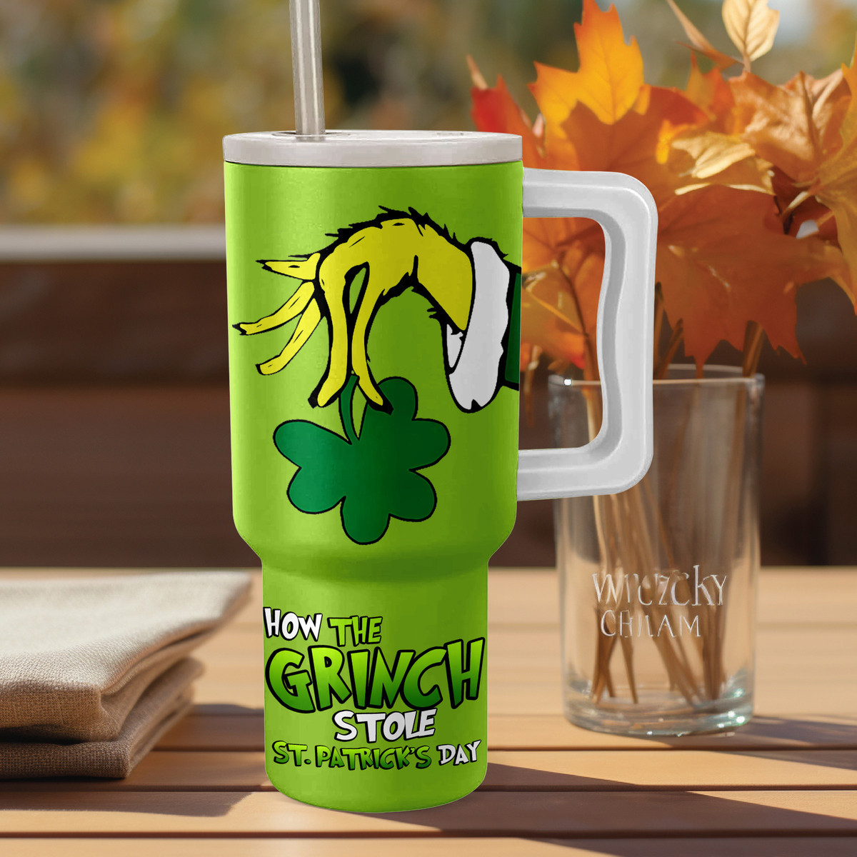 Festive Grinch St. Patrick's Day Tumbler - Insulated Stainless Steel Mug with Handle - Image 2