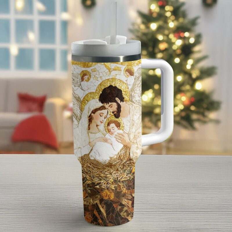 The Holy Family Christmas Custom Stanley Quencher 40oz Stainless Steel Tumbler With Handle - Threewoofs - Image 2