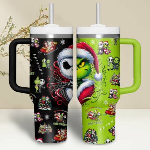 The Nightmare Before Christmas And Grinch Movies Custom Stanley Quencher 40oz Stainless Steel Tumbler With Handle - Threewoofs