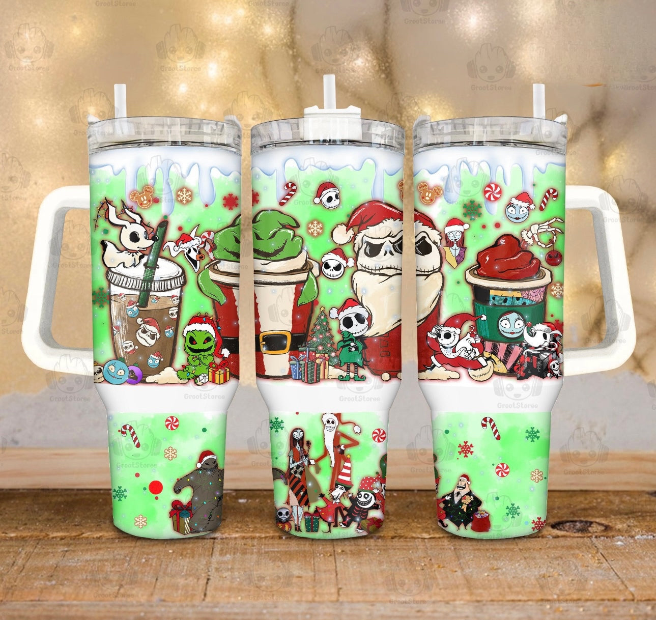 Festive Holiday Cartoon Tumbler with Handle - Double-Walled Insulated Mug