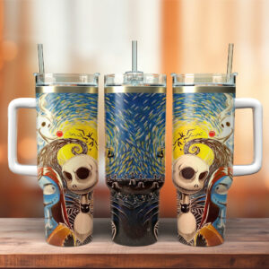 Whimsical Starry Night Skull Tumbler with Handle - 40oz Stainless Steel