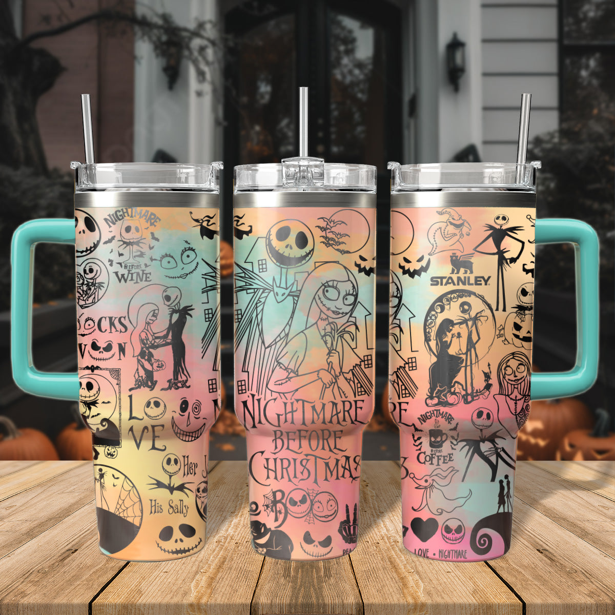 Nightmare Before Christmas Tumbler - Colorful Halloween Design Mug with Straw