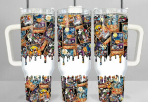 Spooky Cartoon Collage Tumbler with Straw - Perfect for Halloween & Everyday Fun
