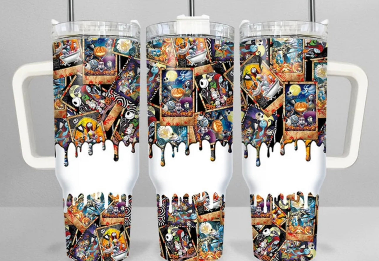 Spooky Cartoon Collage Tumbler with Straw - Perfect for Halloween & Everyday Fun