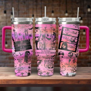 Nightmare Before Christmas Pink Tumbler - Gothic Coffee Mug with Lid & Straw