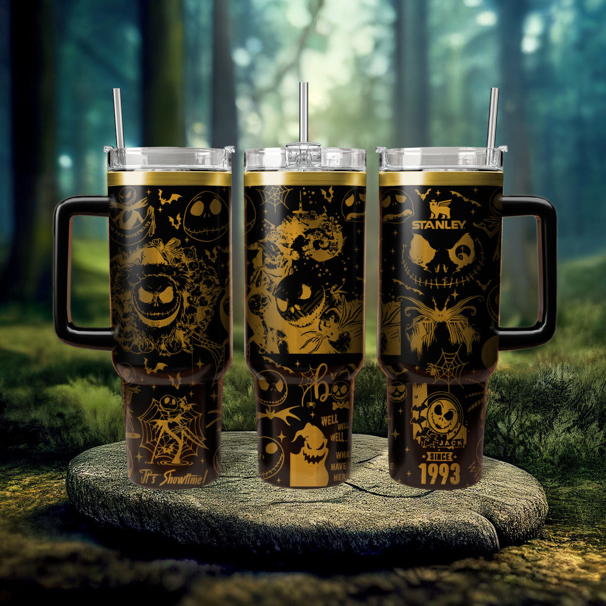 Spooky Halloween-Themed Stainless Steel Tumbler with Straw & Handle