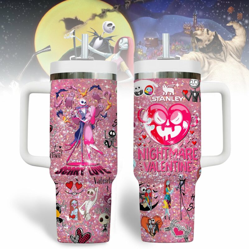 The Nightmare Before Christmas Movies Valentine Custom Stanley Quencher 40oz Stainless Steel Tumbler With Handle - Threewoofs