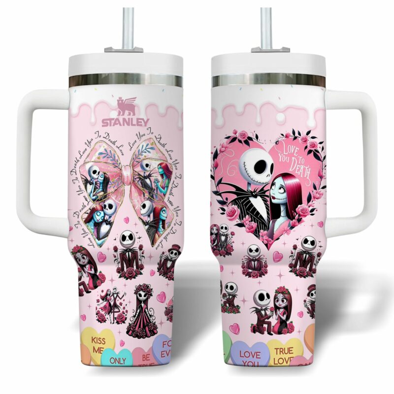 The Nightmare Before Christmas Movies Valentine Custom Stanley Quencher 40oz Stainless Steel Tumbler With Handle - Threewoofs - Image 4