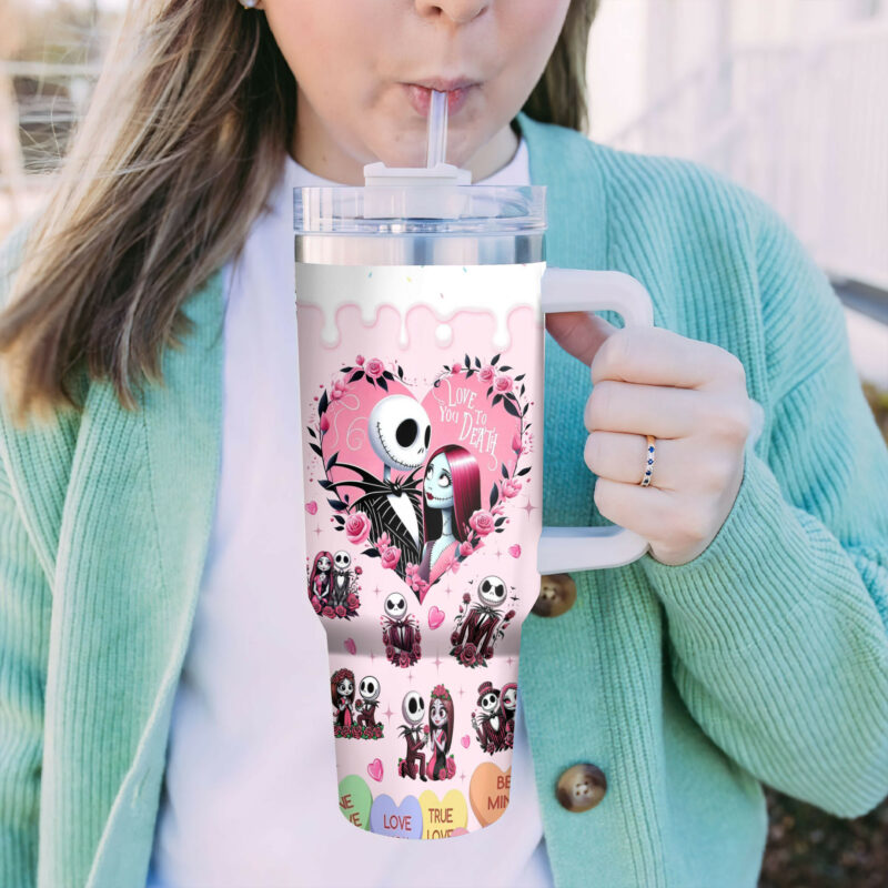 The Nightmare Before Christmas Movies Valentine Custom Stanley Quencher 40oz Stainless Steel Tumbler With Handle - Threewoofs - Image 3