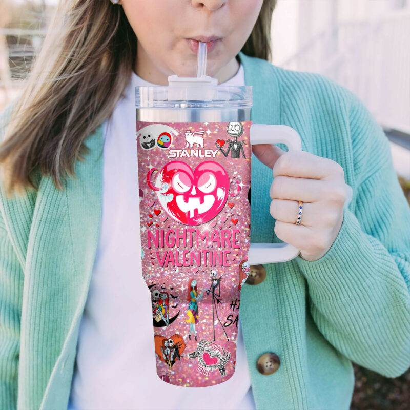 The Nightmare Before Christmas Movies Valentine Custom Stanley Quencher 40oz Stainless Steel Tumbler With Handle - Threewoofs - Image 3