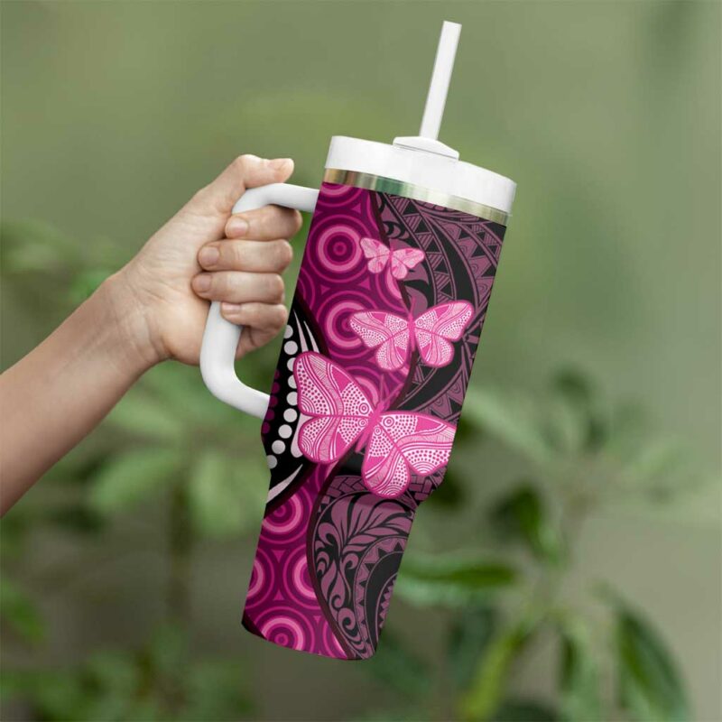Think Pink Breast Cancer Awareness Butterfly Aboriginal Mix Polynesian Pattern Custom Stanley Quencher 40oz Stainless Steel Tumbler With Handle - Threewoofs - Image 4