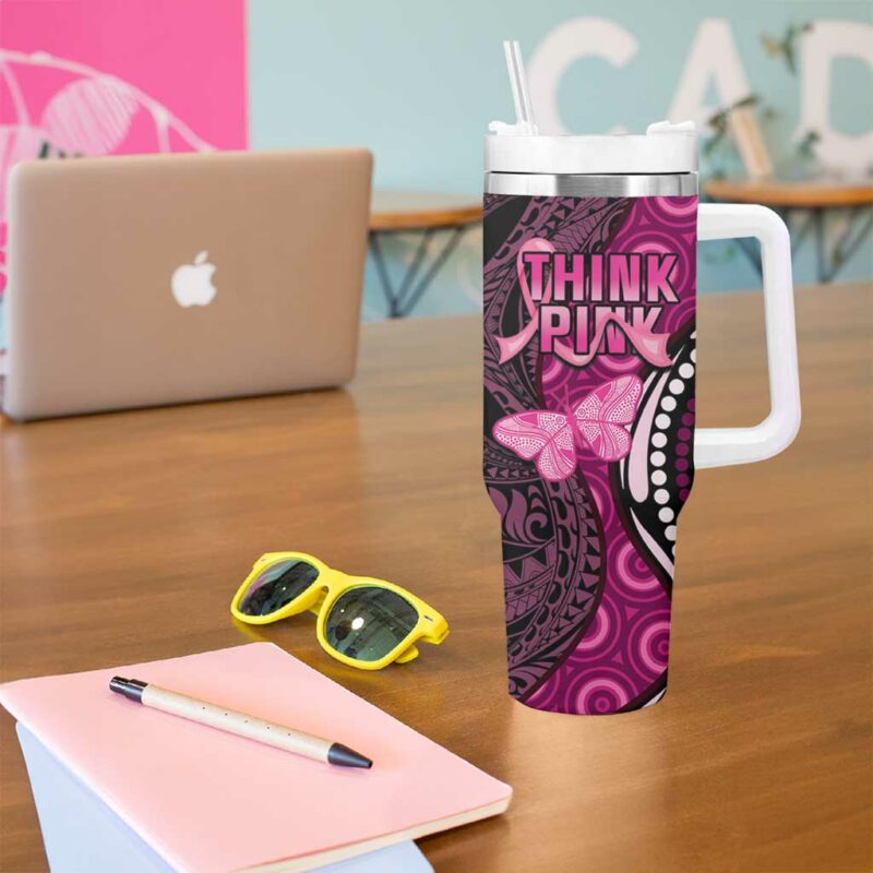 Think Pink Breast Cancer Awareness Butterfly Aboriginal Mix Polynesian Pattern Custom Stanley Quencher 40oz Stainless Steel Tumbler With Handle - Threewoofs - Image 5