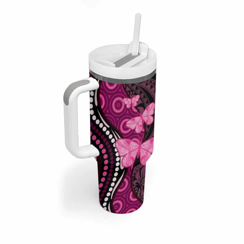 Think Pink Breast Cancer Awareness Butterfly Aboriginal Mix Polynesian Pattern Custom Stanley Quencher 40oz Stainless Steel Tumbler With Handle - Threewoofs - Image 3