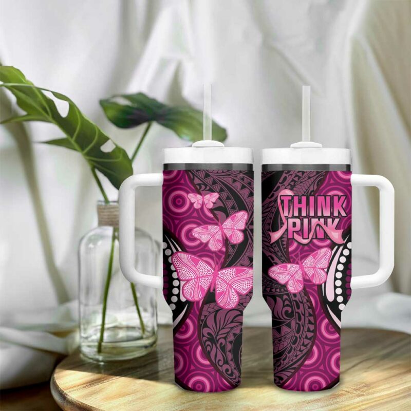 Think Pink Breast Cancer Awareness Butterfly Aboriginal Mix Polynesian Pattern Custom Stanley Quencher 40oz Stainless Steel Tumbler With Handle - Threewoofs - Image 9