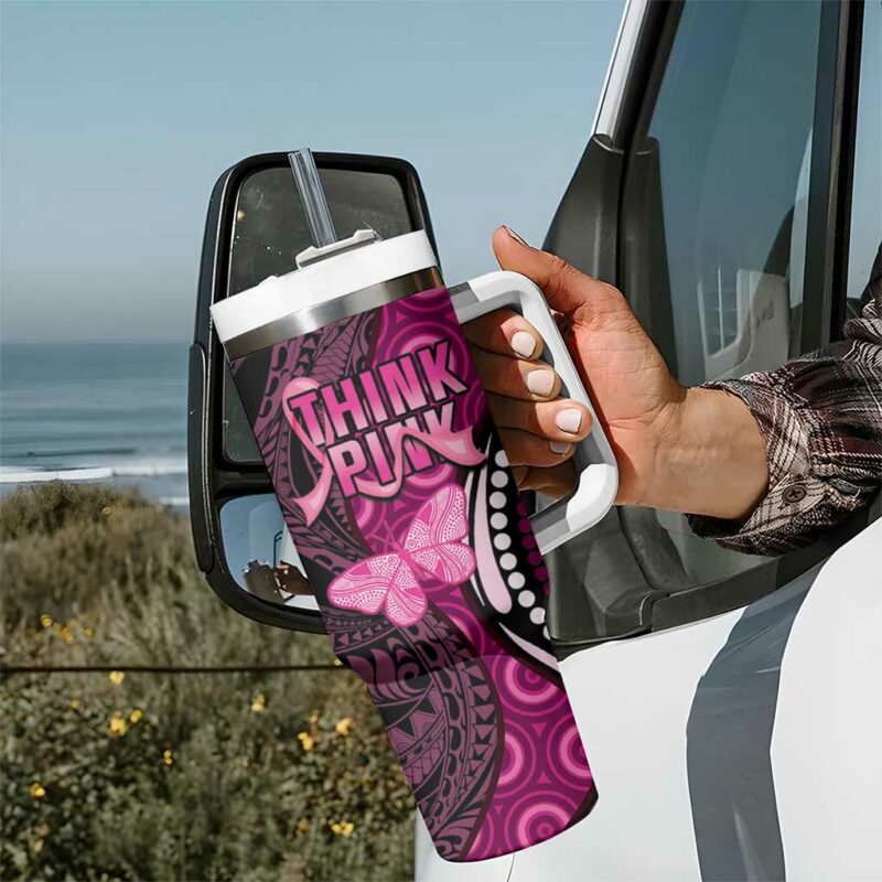 Think Pink Breast Cancer Awareness Butterfly Aboriginal Mix Polynesian Pattern Custom Stanley Quencher 40oz Stainless Steel Tumbler With Handle - Threewoofs - Image 7