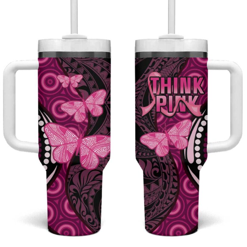 Think Pink Breast Cancer Awareness Butterfly Aboriginal Mix Polynesian Pattern Custom Stanley Quencher 40oz Stainless Steel Tumbler With Handle - Threewoofs - Image 2