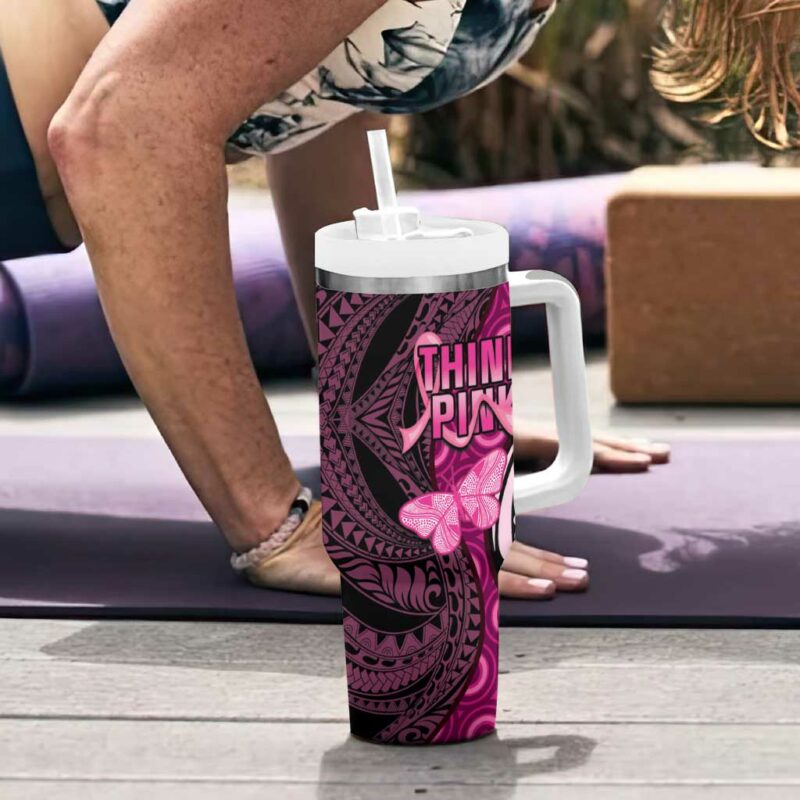 Think Pink Breast Cancer Awareness Butterfly Aboriginal Mix Polynesian Pattern Custom Stanley Quencher 40oz Stainless Steel Tumbler With Handle - Threewoofs - Image 6