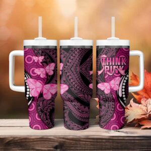 Think Pink Breast Cancer Awareness Butterfly Aboriginal Mix Polynesian Pattern Custom Stanley Quencher 40oz Stainless Steel Tumbler With Handle - Threewoofs