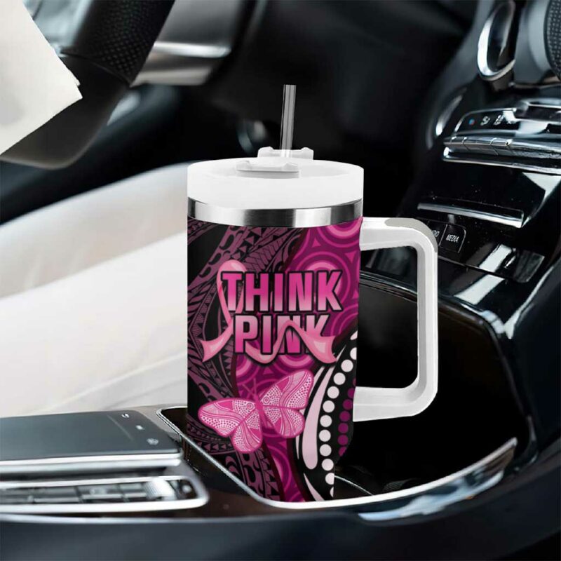 Think Pink Breast Cancer Awareness Butterfly Aboriginal Mix Polynesian Pattern Custom Stanley Quencher 40oz Stainless Steel Tumbler With Handle - Threewoofs - Image 8
