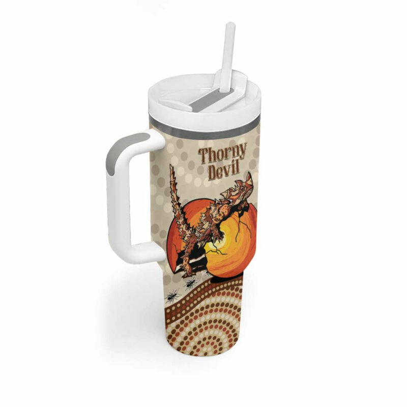 Thorny Devil Australia Baby Moloch Horridus With Ants ‚Äì Aboriginal Art Custom Stanley Quencher 40oz Stainless Steel Tumbler With Handle - Threewoofs - Image 3