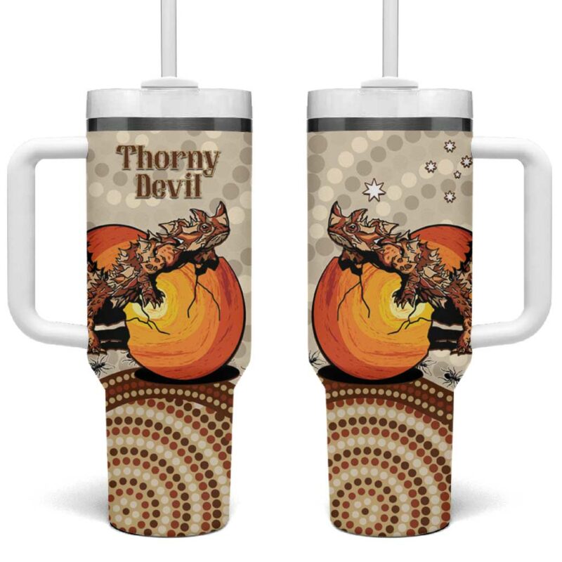 Thorny Devil Australia Baby Moloch Horridus With Ants ‚Äì Aboriginal Art Custom Stanley Quencher 40oz Stainless Steel Tumbler With Handle - Threewoofs - Image 2