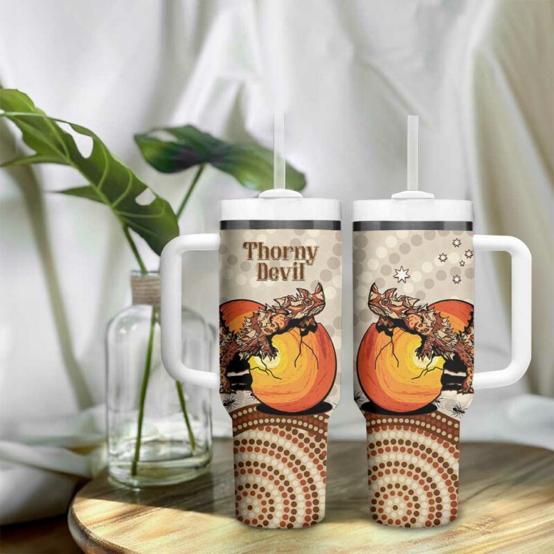 Thorny Devil Australia Baby Moloch Horridus With Ants ‚Äì Aboriginal Art Custom Stanley Quencher 40oz Stainless Steel Tumbler With Handle - Threewoofs - Image 9