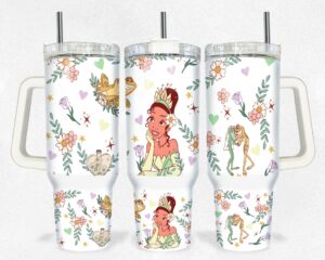 Enchanting Princess & Frog Floral Travel Tumbler - 40oz Spill-Proof Mug