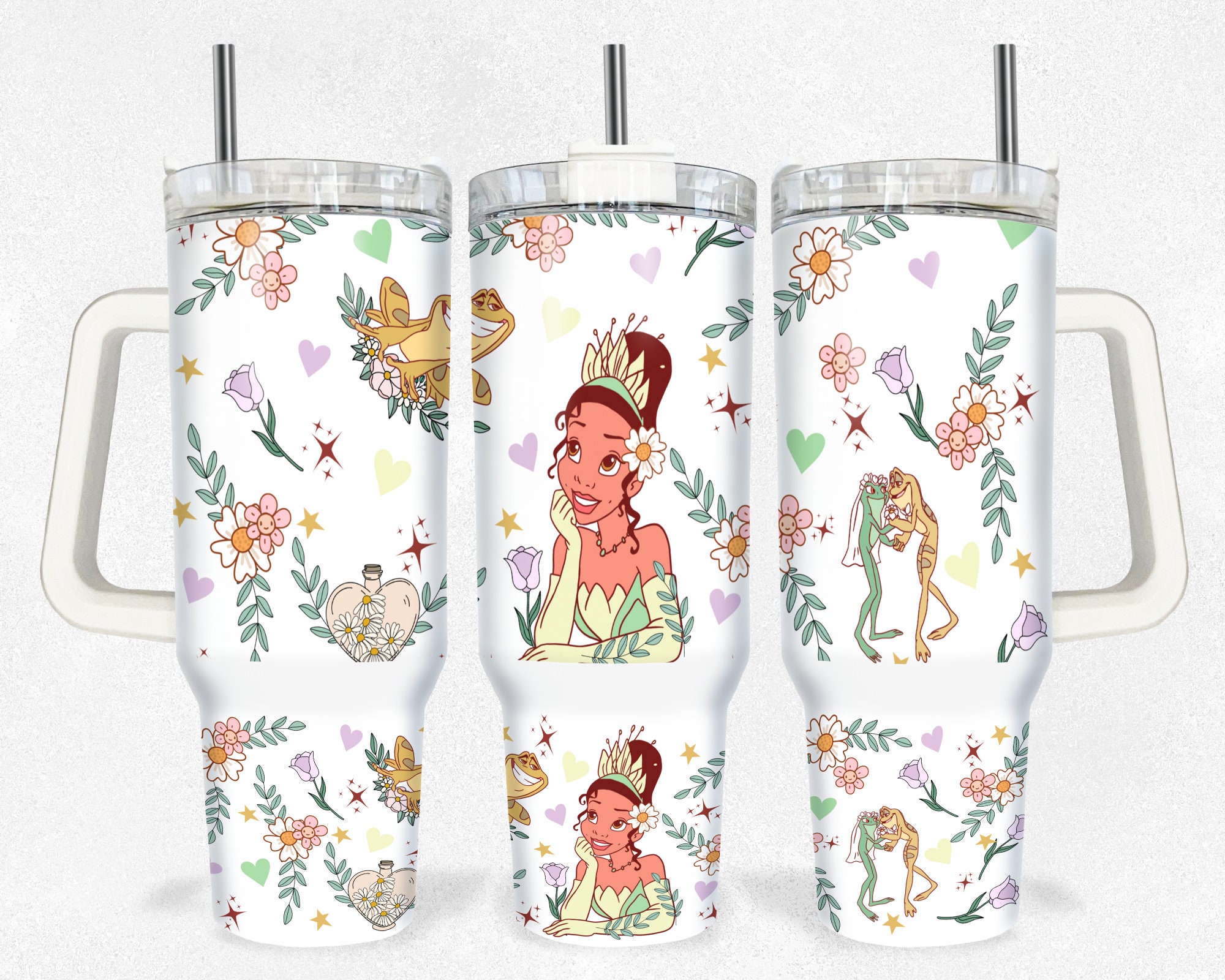 Enchanting Princess & Frog Floral Travel Tumbler - 40oz Spill-Proof Mug