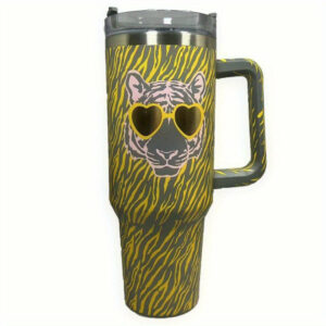Stylish Tiger Print Travel Mug with Heart Sunglasses - Insulated and Durable
