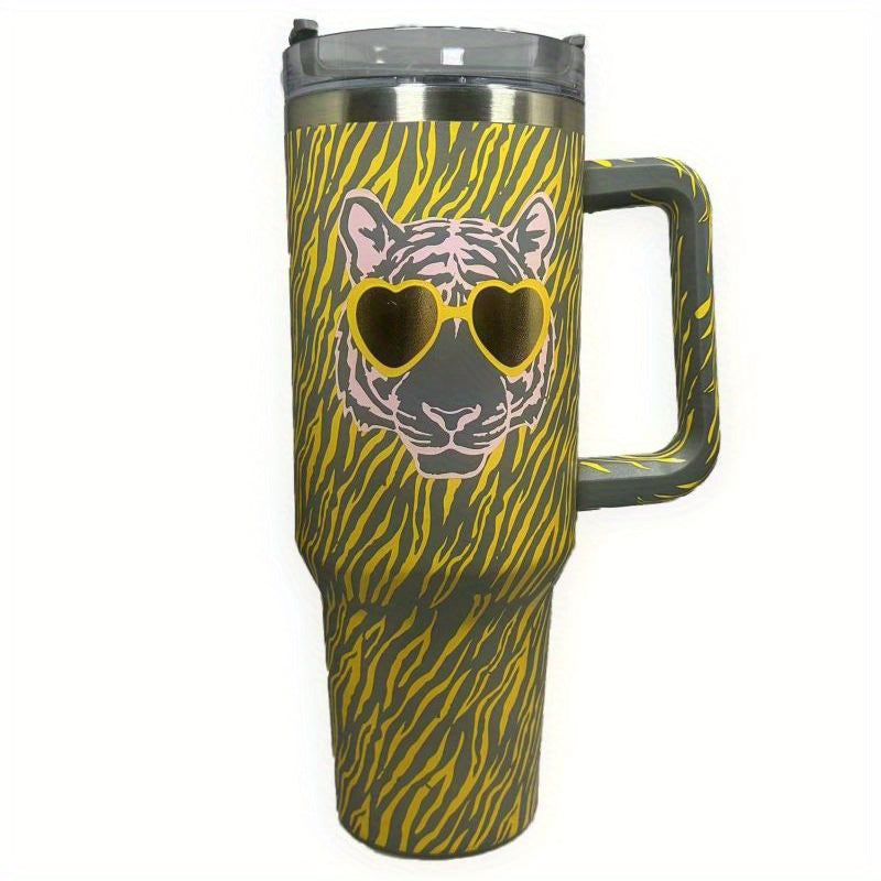 Stylish Tiger Print Travel Mug with Heart Sunglasses - Insulated and Durable