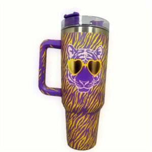 Vibrant Tiger Print Insulated Travel Mug with Handle - Keep Drinks Hot or Cold in Style