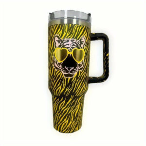 Stylish Tiger Print Travel Mug with Heart Sunglasses - 40oz Insulated Tumbler