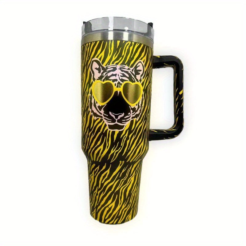 Stylish Tiger Print Travel Mug with Heart Sunglasses - 40oz Insulated Tumbler