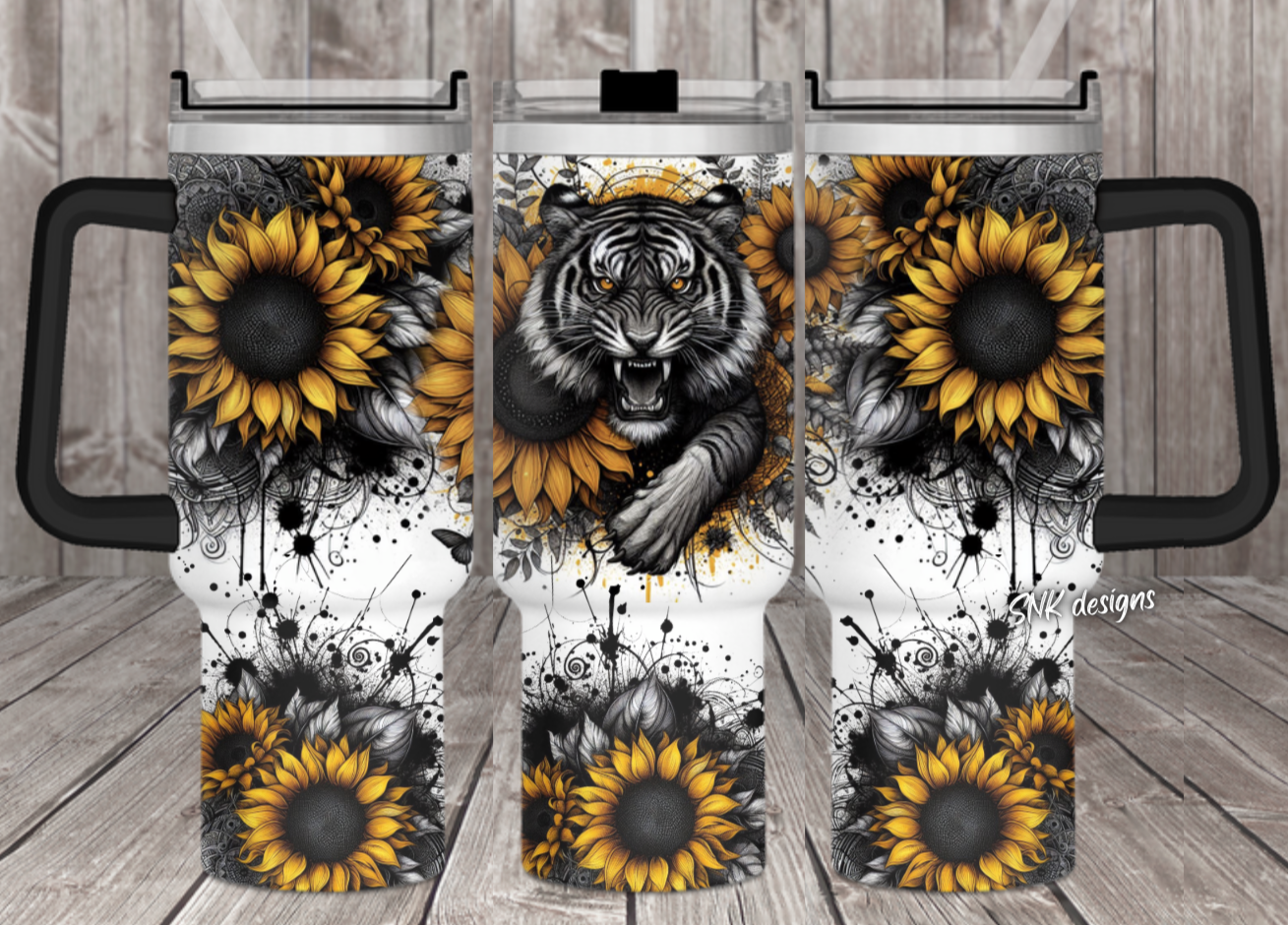 Tiger & Sunflower Travel Mug - Bold Design for On-the-Go Style