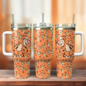 Vibrant Tigger Design Insulated Tumbler with Handle & Straw - Perfect for On-the-Go!