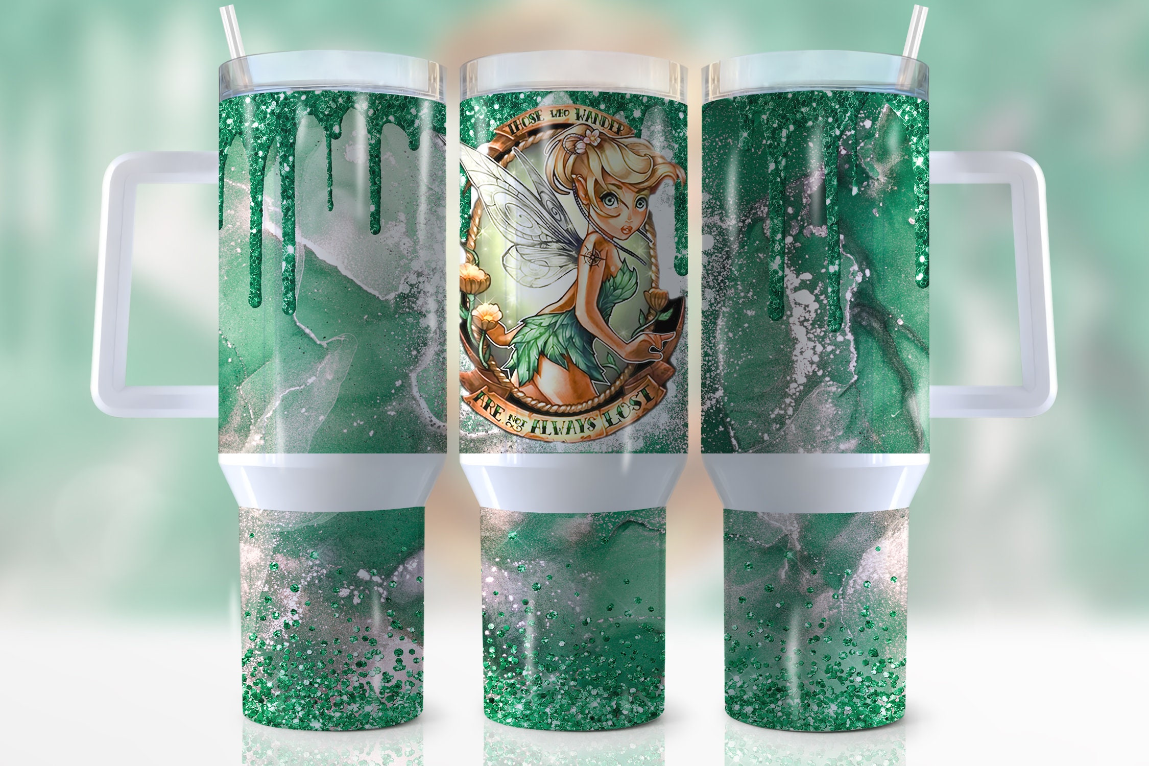 Enchanting Fairy Glitter Tumbler - Double-Walled, Spill-Proof with Handle & Straw
