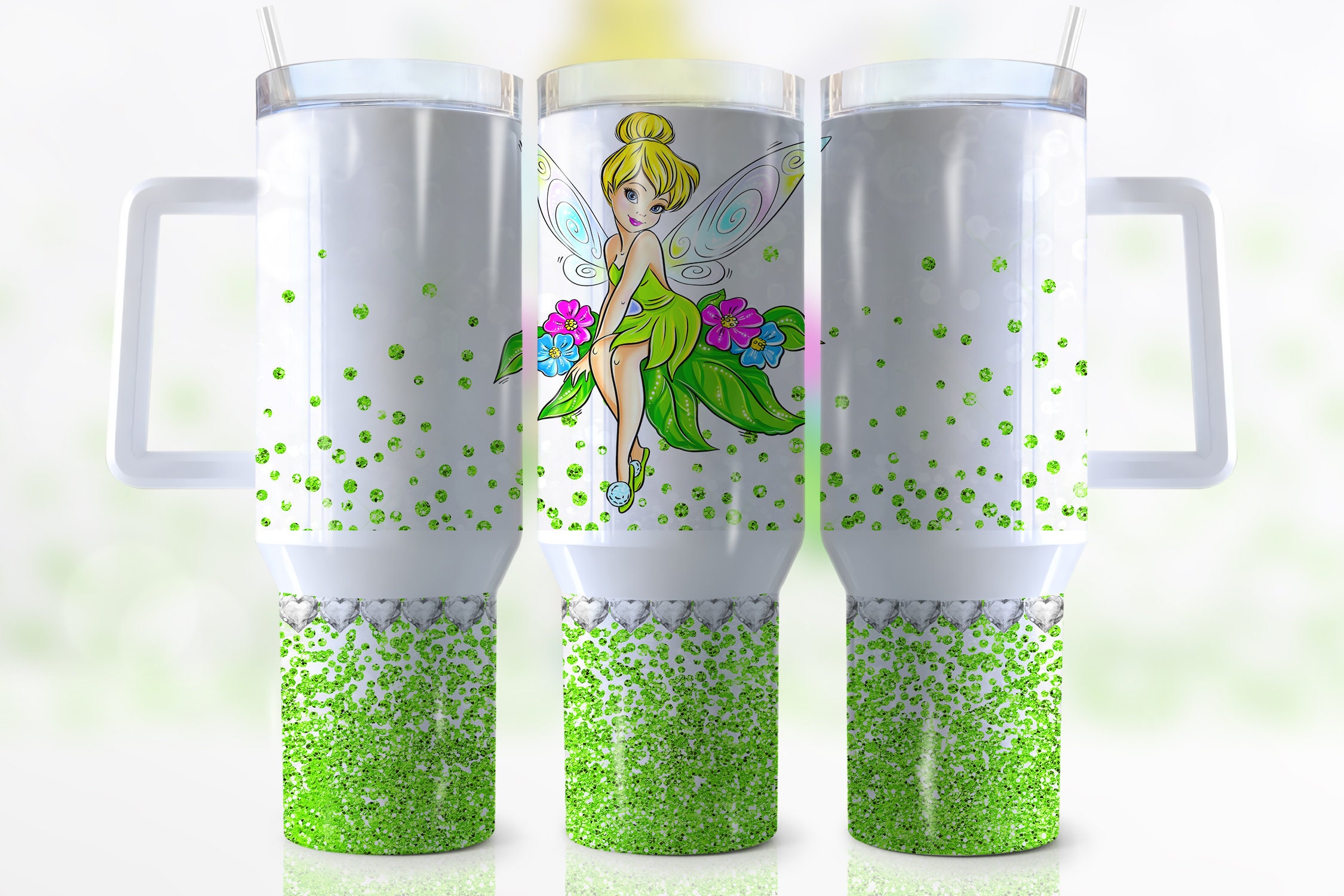 Magical Fairy Glitter Tumbler - Enchanting Design with Handle & Straw