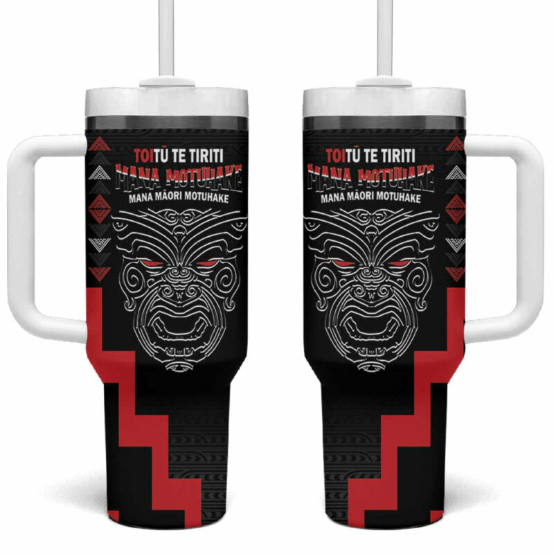 Toitu Te Tiriti Mana Maori Motuhake Aotearoa Haka Face Mix Poutama Art Custom Stanley Quencher 40oz Stainless Steel Tumbler With Handle - Threewoofs - Image 2