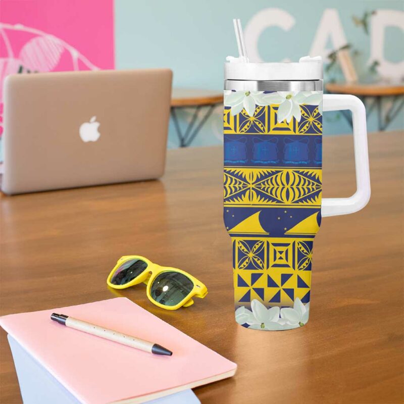 Tokelau Language Week Tokelauan Tuluma With Gardenia Thunbergia Custom Stanley Quencher 40oz Stainless Steel Tumbler With Handle - Threewoofs - Image 5