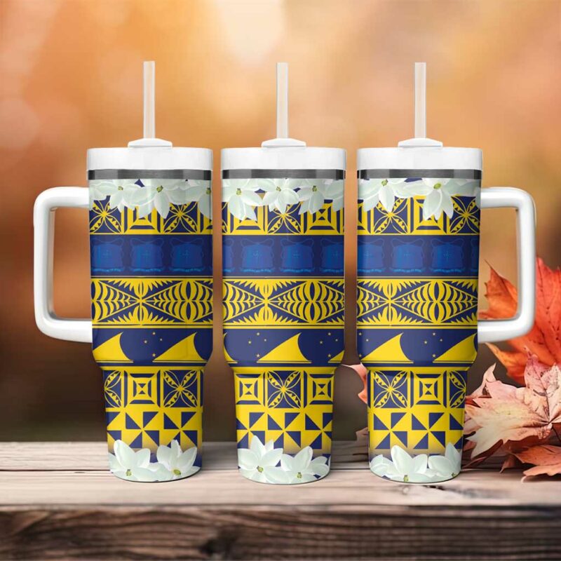 Tokelau Language Week Tokelauan Tuluma With Gardenia Thunbergia Custom Stanley Quencher 40oz Stainless Steel Tumbler With Handle - Threewoofs - Image 4