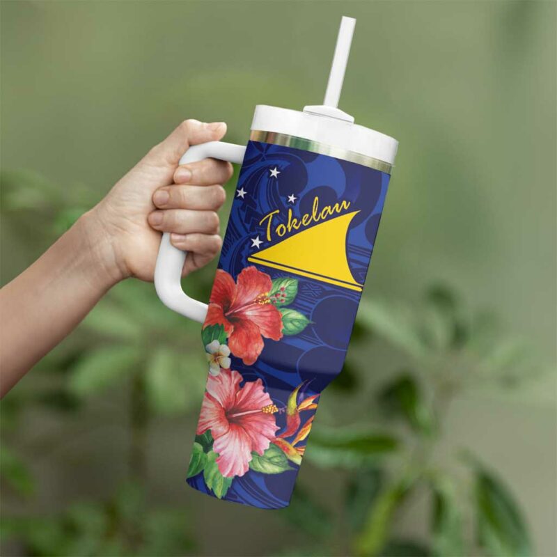 Tokelau Tropical Hibiscus With Polynesian Plumeria Tattoo Custom Stanley Quencher 40oz Stainless Steel Tumbler With Handle - Threewoofs - Image 3