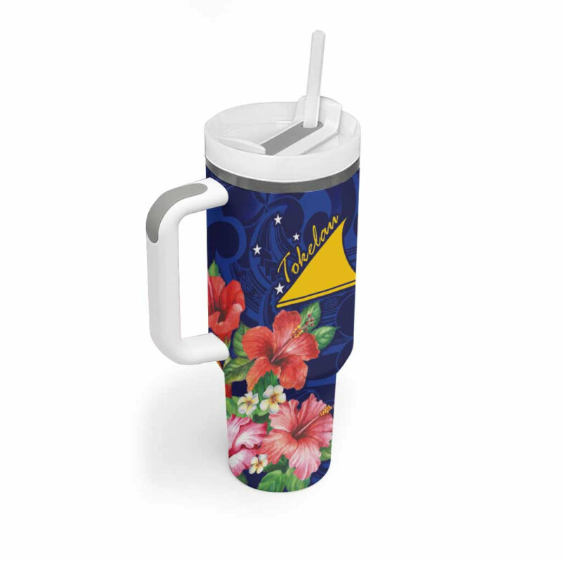 Tokelau Tropical Hibiscus With Polynesian Plumeria Tattoo Custom Stanley Quencher 40oz Stainless Steel Tumbler With Handle - Threewoofs - Image 2