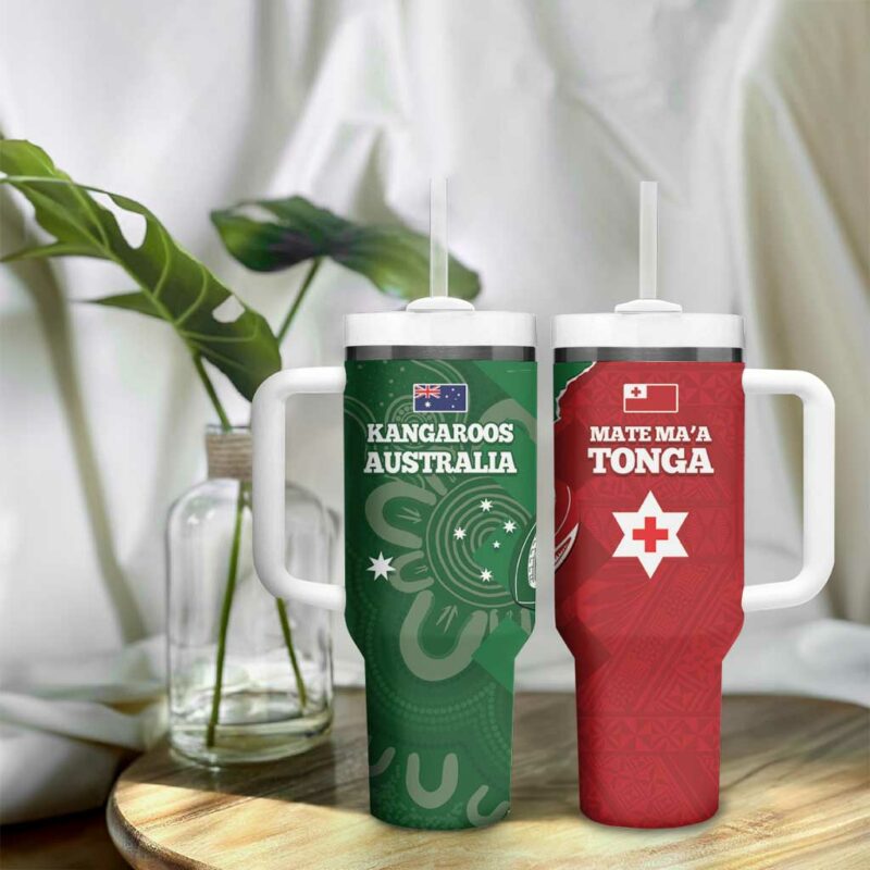 Tonga And Australia Rugby Mate Maa Tongan Ngatu Mix Kangaroos Aboriginal Custom Stanley Quencher 40oz Stainless Steel Tumbler With Handle - Threewoofs - Image 9