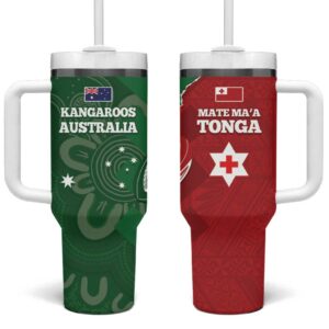 Tonga And Australia Rugby Mate Maa Tongan Ngatu Mix Kangaroos Aboriginal Custom Stanley Quencher 40oz Stainless Steel Tumbler With Handle - Threewoofs