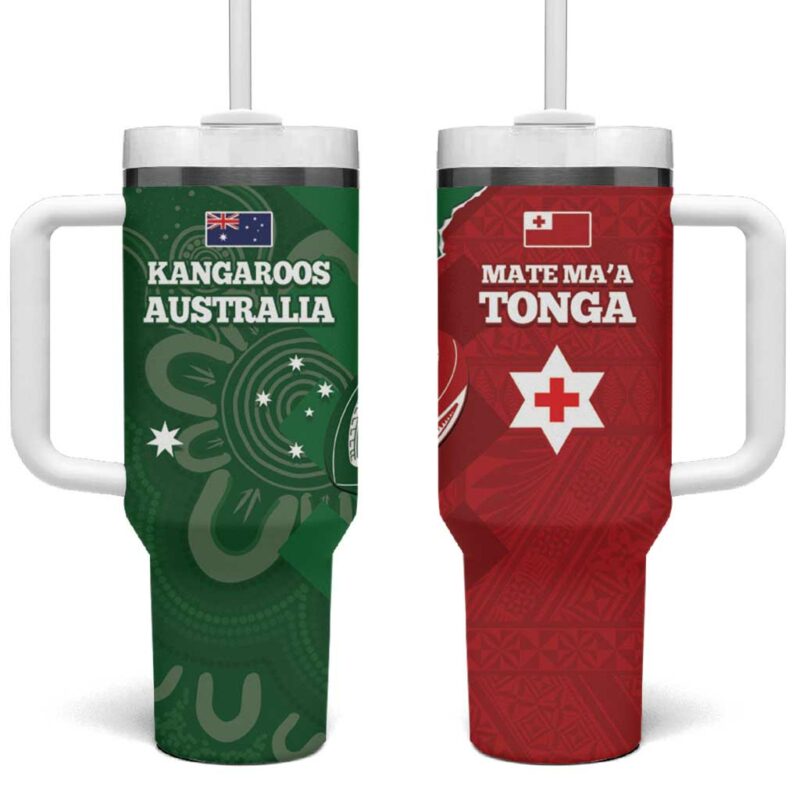 Tonga And Australia Rugby Mate Maa Tongan Ngatu Mix Kangaroos Aboriginal Custom Stanley Quencher 40oz Stainless Steel Tumbler With Handle - Threewoofs