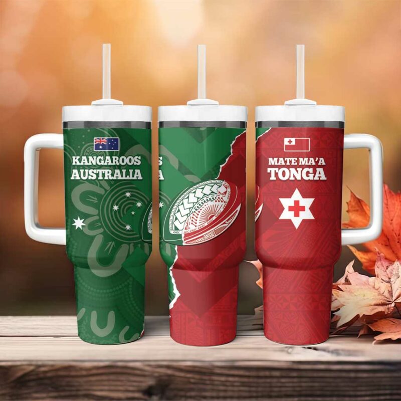 Tonga And Australia Rugby Mate Maa Tongan Ngatu Mix Kangaroos Aboriginal Custom Stanley Quencher 40oz Stainless Steel Tumbler With Handle - Threewoofs - Image 4